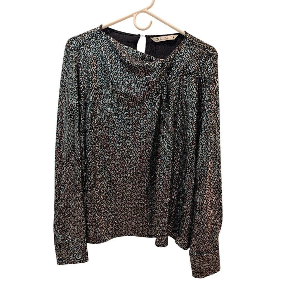 Zara NEW Silver Sequin Shimmer Long Sleeve Top With Knot L Metallic Disco Glam